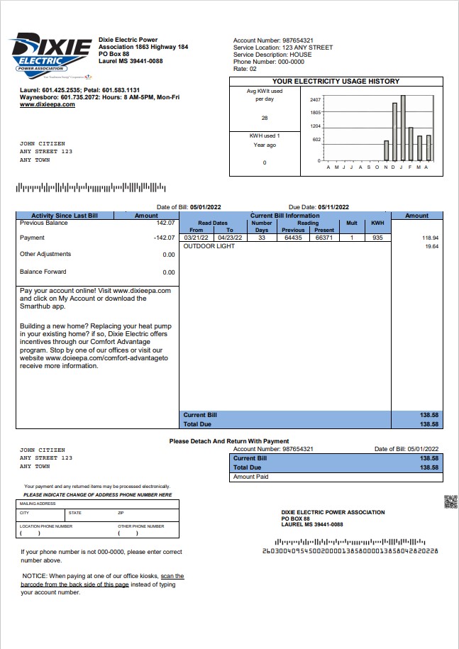 USA Mississippi Dixie Electric utility bill template in Word and PDF format